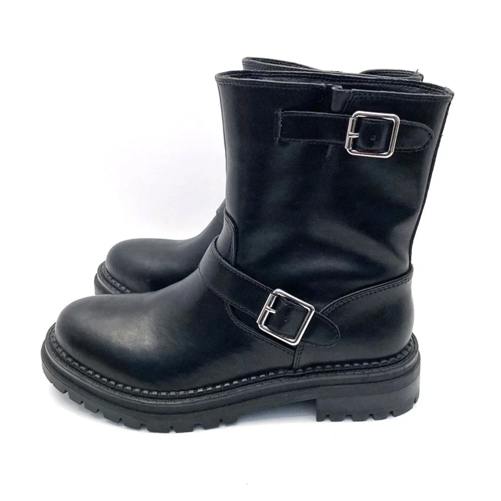 Steve Madden Brycin Moto Boots Lug Sole Black Leather Womens 9M Biker